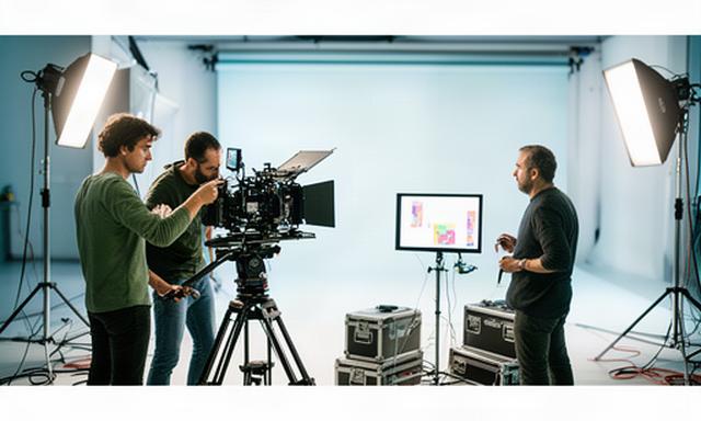 Troupe pubblicitaria al lavoro in uno studio video di Modena con luci, camera e monitor di regia