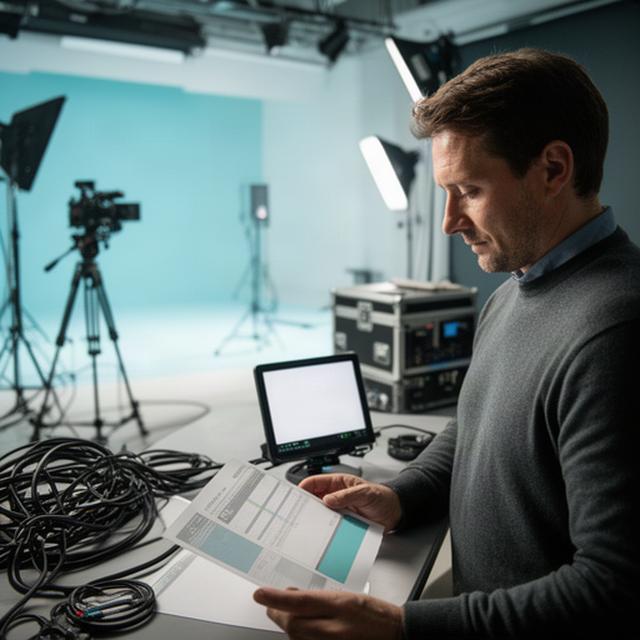 Responsabile di produzione che verifica un calendario di riprese in uno studio video di Modena