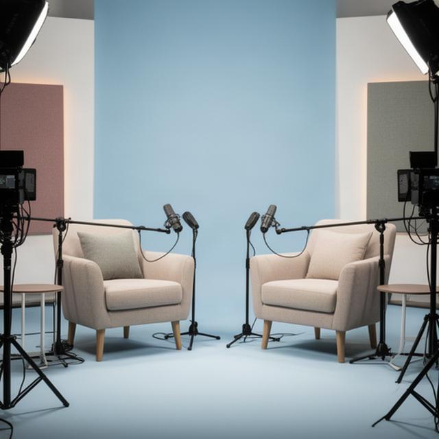 Set per podcast video e talk show con due poltrone, microfoni e illuminazione morbida