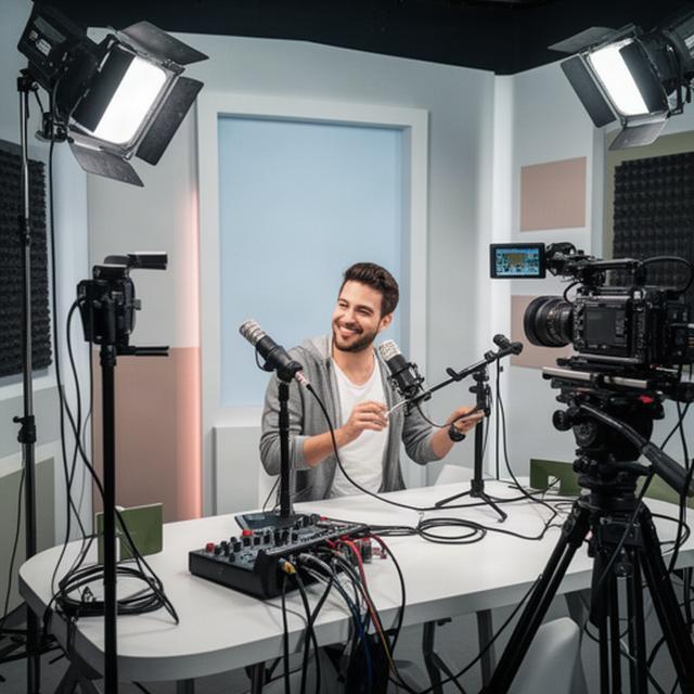 Videomaker al lavoro in uno studio di Modena con luci, microfoni e set per podcast video